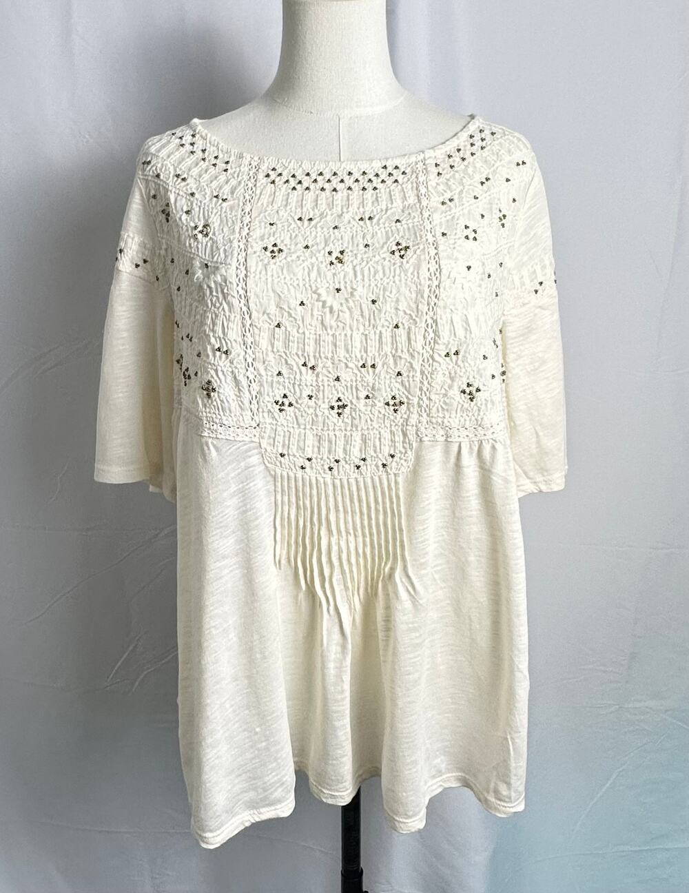 Sundance Cream Embroidered Tunic Top L Boho Cottagecore Smocked Knit Pleated